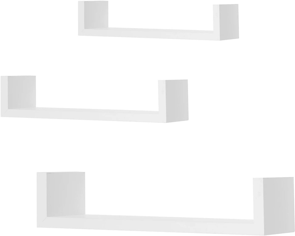 Klarven Wandplanken Hout Wit - Zwevende Wandplanken - Set van 3, Eenvoudige Montage, 2 Niveaus - U-vorm B 26/34/42 x D 9,7 cm