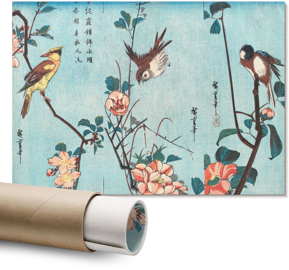 Coloray Polycanvas Wandposter – Vogels en Bloemen, Blauw – A1 – Oranje Design – Rechthoek – Canvas Wandposter – Woonkamer – Rustiek