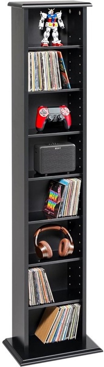 Slanke Media Toren - Opslag Meubel - Cd Dvd Opslag - Verstelbare Planken - 130cm Hoog - Zwart