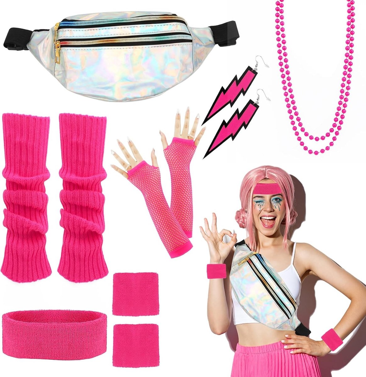 Neon 80s Set met Heuptas, Oorbellen, Ketting, Net Handschoenen en Legwarmers voor Vrouwen - Perfect voor Feestjes en Kostuums