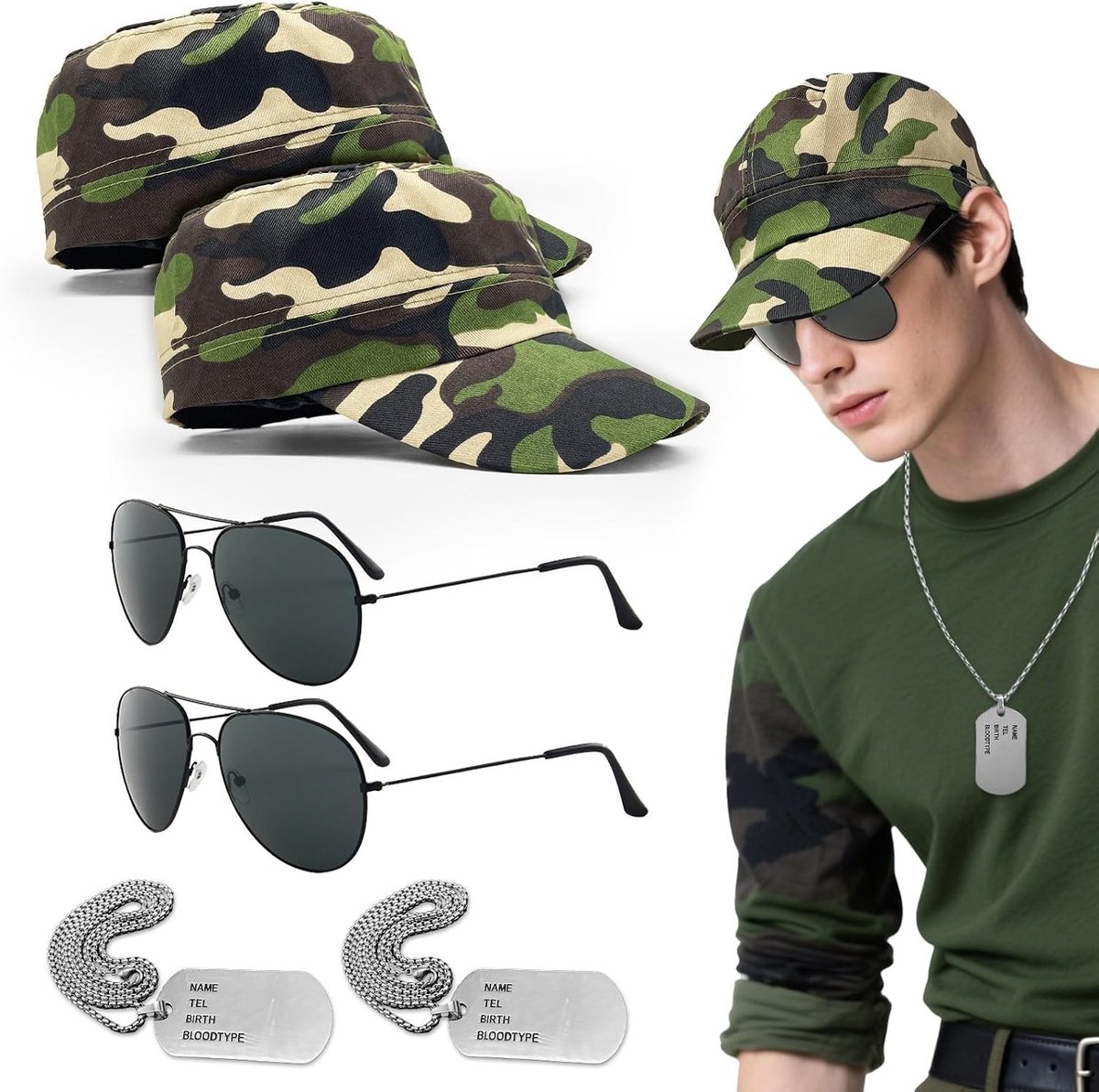 6-delige legerkostuumset met camouflagehoed, zonnebril en dogtag voor Halloween en verkleedpartijen, ideaal voor cosplay en rollenspel