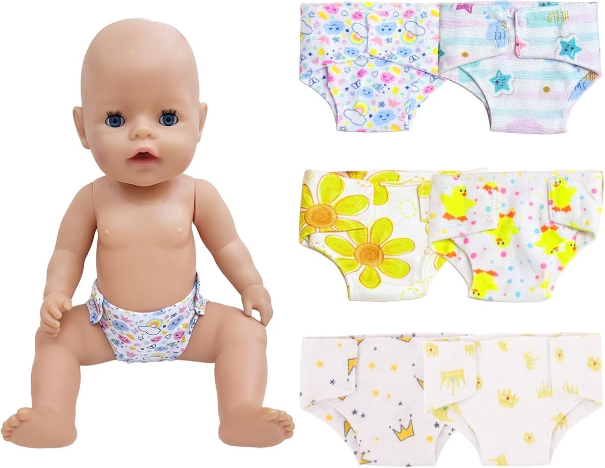 Herbruikbare Poppenluiers Set van 6 Stuks voor Poppen van 30-43 cm met Bloemen- en Sterrenontwerp, Schattige Accessoires voor Meisjes en Poppenkleding