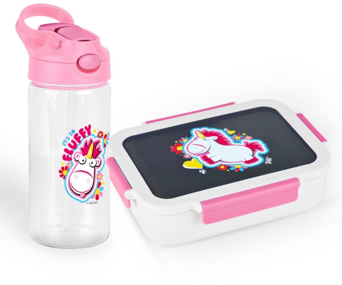 Set bestaande uit een lunchdoosje en een drinkfles uit de Fluffy-collectie van MIMONI
