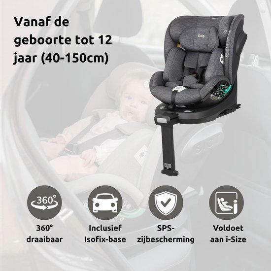 Ding Fynn Autostoel - Zwart - 360° Draaibare Isofix Autostoel - i-Size - Vanaf 40 tot 150cm - 0 tot 12 jaar van Merkloos — afbeelding 3