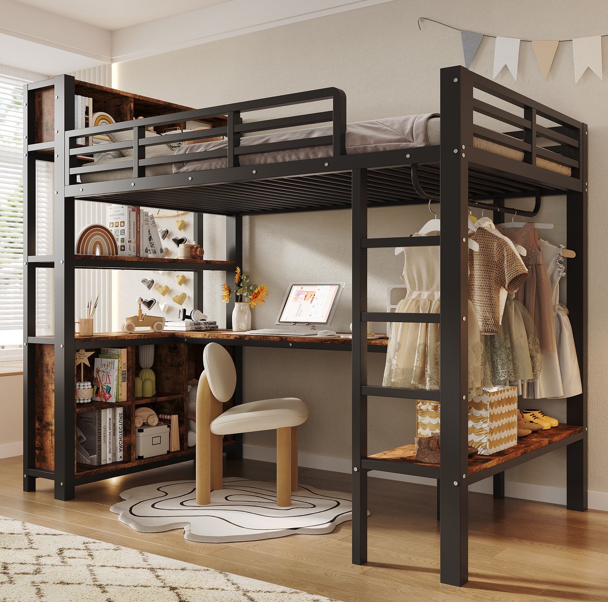 DESMIU Hoogslaper 90 x 200 cm - Bureau, Kledingroede, Planken En Opbergruimte - Voor Kinderkamer - Metaal En MDF - Zwart - Zonder Matras