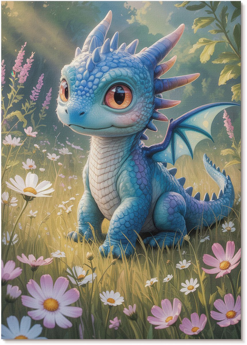 Tulup Polycanvas Wandposter - Blauwe Draak, Illustratie - A4 - Blauw Wanddecoratie - Rechthoek - Canvasposter - Woonkamer, Slaapkamer, Kantoor - Kinder