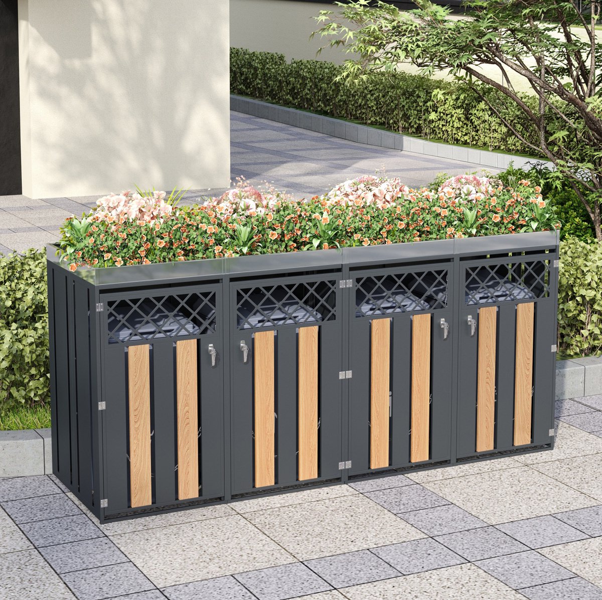Wishdor Containerberging - 4-vaks afvalkast met afsluitbare deuren en geïntegreerde plantenbak - Verzinkt staal - Grijs houtlook - 132 x 80 x 124,5 cm