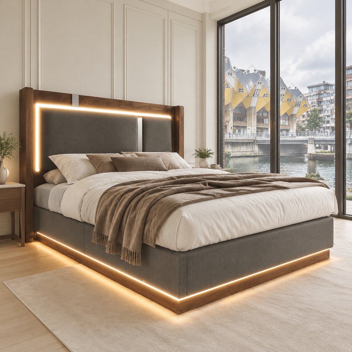 WUVRIE Gestoffeerd bed 90x200 cm met lattenbodem, LED en opbergruimte, grijs/walnoot