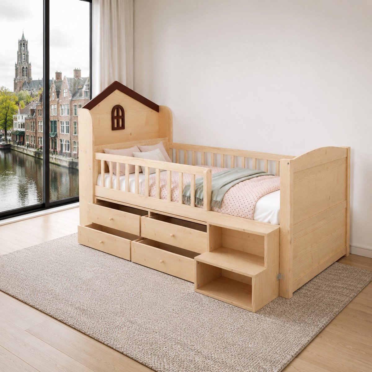 WUVRIE Halfhoogslaper 90x200 cm in huisvorm met LED, 4 lades en opbergleiter, naturel