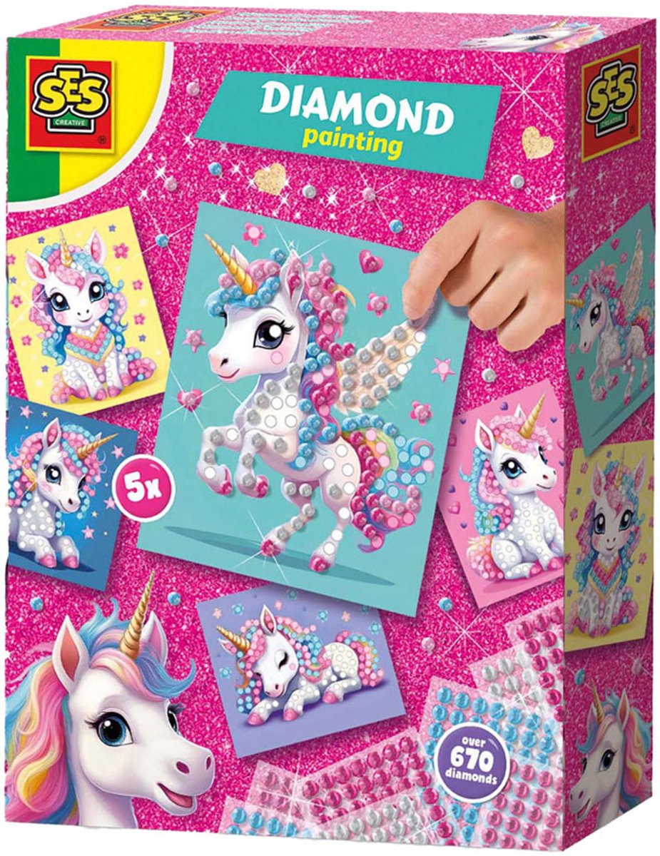 SES Creative Unicorn Diamond Painting - 5 Eenhoornkaarten - Voor Meisjes vanaf 3 Jaar - 672 Steentjes - Schoencadeautjes Sinterklaas — cadeau in Hobby - foto 2