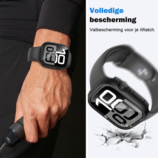 Zwarte smartwatch hoes om de pols, illustreert valbescherming met een gebarsten ondergrond.