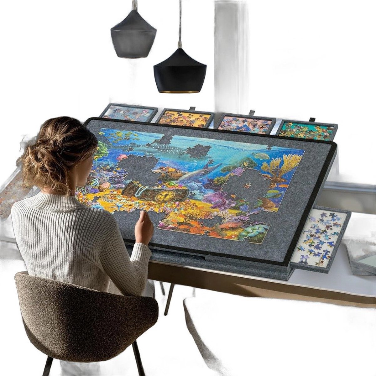 Currero Puzzeltafel Met Lades 1000 Stukjes - Puzzelbord - Puzzelmat - Opbergsysteem - Vilt - Met Deksel - Legpuzzel Accessoires - 1500 Pcs