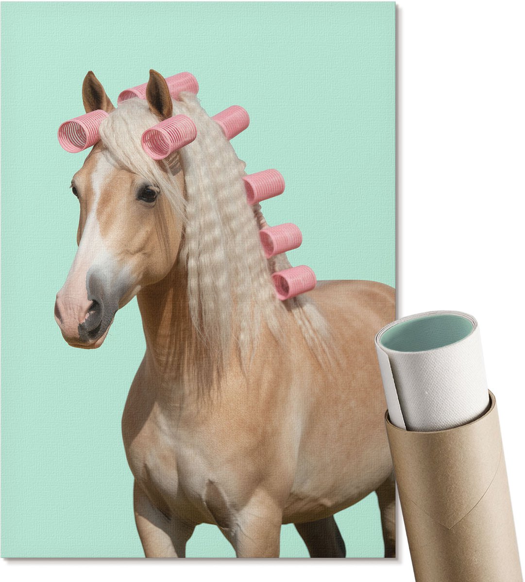 Coloray Polycanvas Wandposter - Paard Met Rollers, Illustratie - A4 - Roze Motief - Rechthoek - Muurkunst - Woonkamer, Slaapkamer, Kantoor - Humoristisch