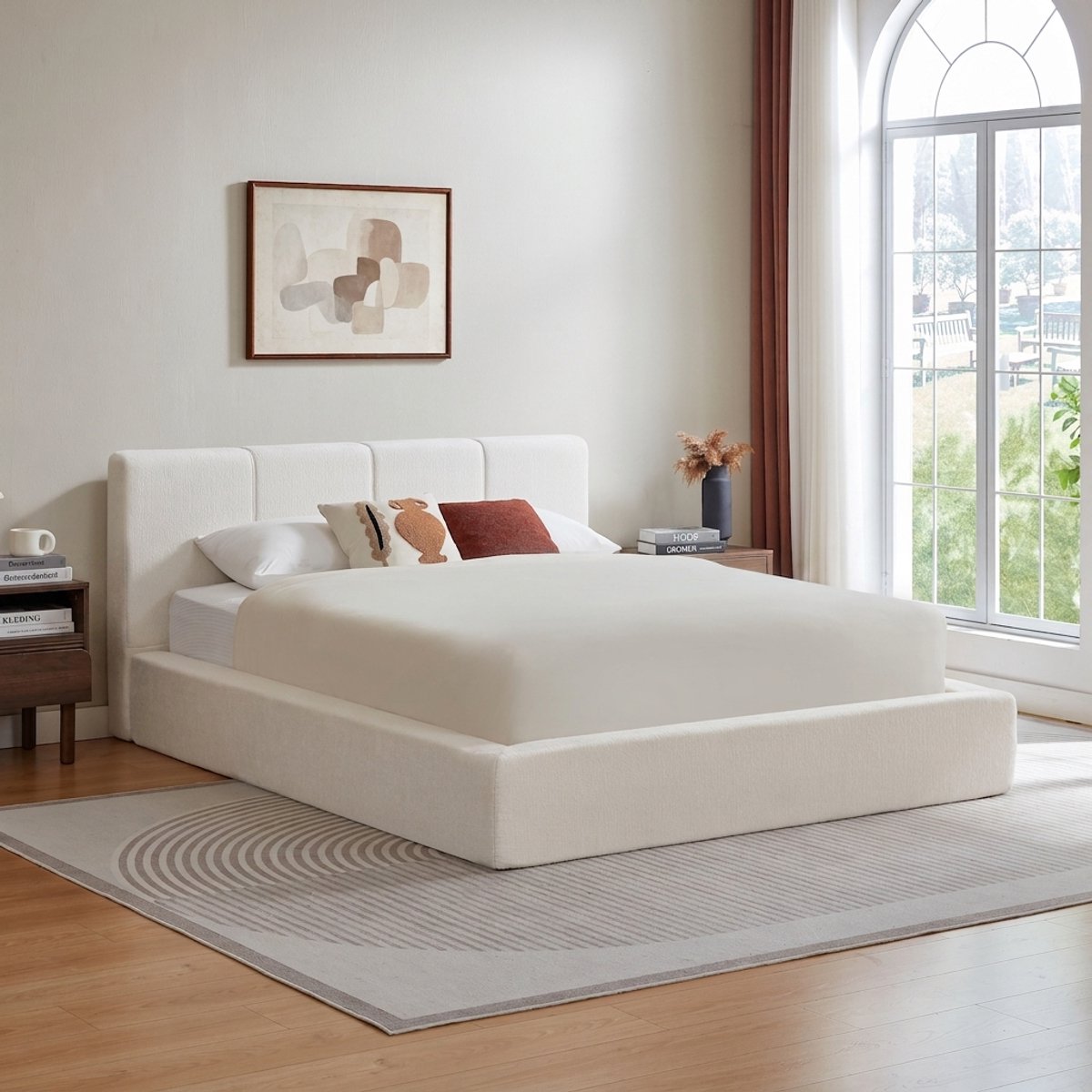 Bedframe - Tweepersoonsbed - Gestoffeerd hoofdbord - Versterkt stalen frame - Zonder matras - Slaapkamer - 140x200 - Crèmewit