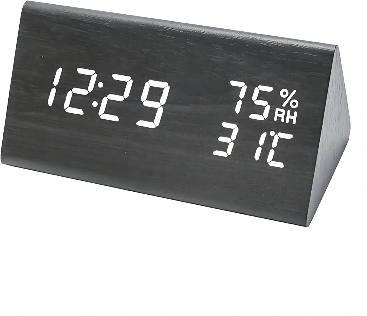 Houten wekker, tijd, datum, temperatuur en luchtvochtigheid, 12/24 uur, geluidsactivering, 3 alarminstellingen, instelbare helderheid, voor thuis, slaapkamer, kantoor, reizen