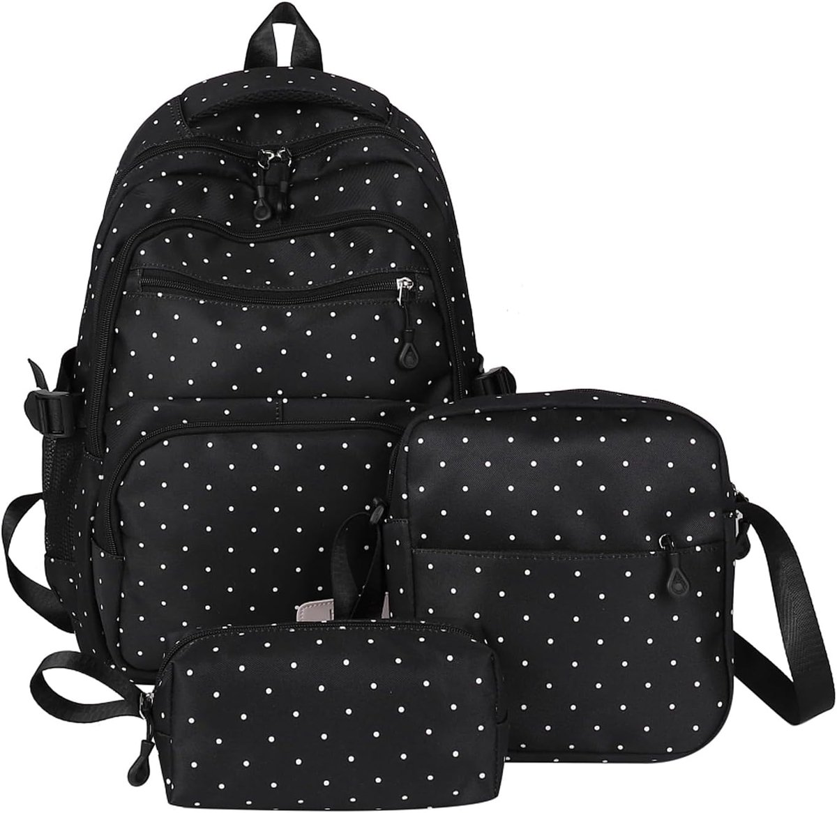 Rugzakset – 3-delig – Stippenrugzak met Schoudertas en Etui – Met Laptopvak, Voorvak en Zijvakken – Voor School, Werk en Reizen – Zwart