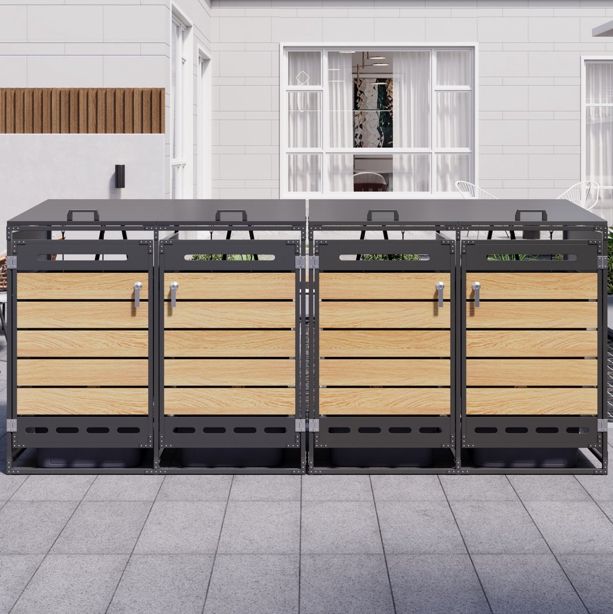 Wishdor Containerberging - Vier vakken - Hydraulisch deksel en sloten - Moderne houtlook ventilatie - Tuin terras openbare ruimte - Metaal - Zwart - 262 x 79 x 116 cm