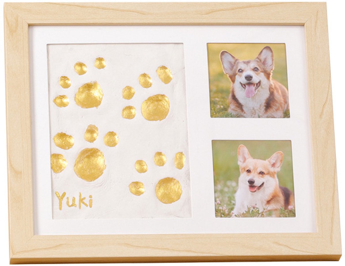 Pootafdrukset – Voor honden en katten – Inclusief houten lijst – 3D-gipsafdruk – Geschikt voor huisdieren, pasgeborenen en als cadeau – Bruin