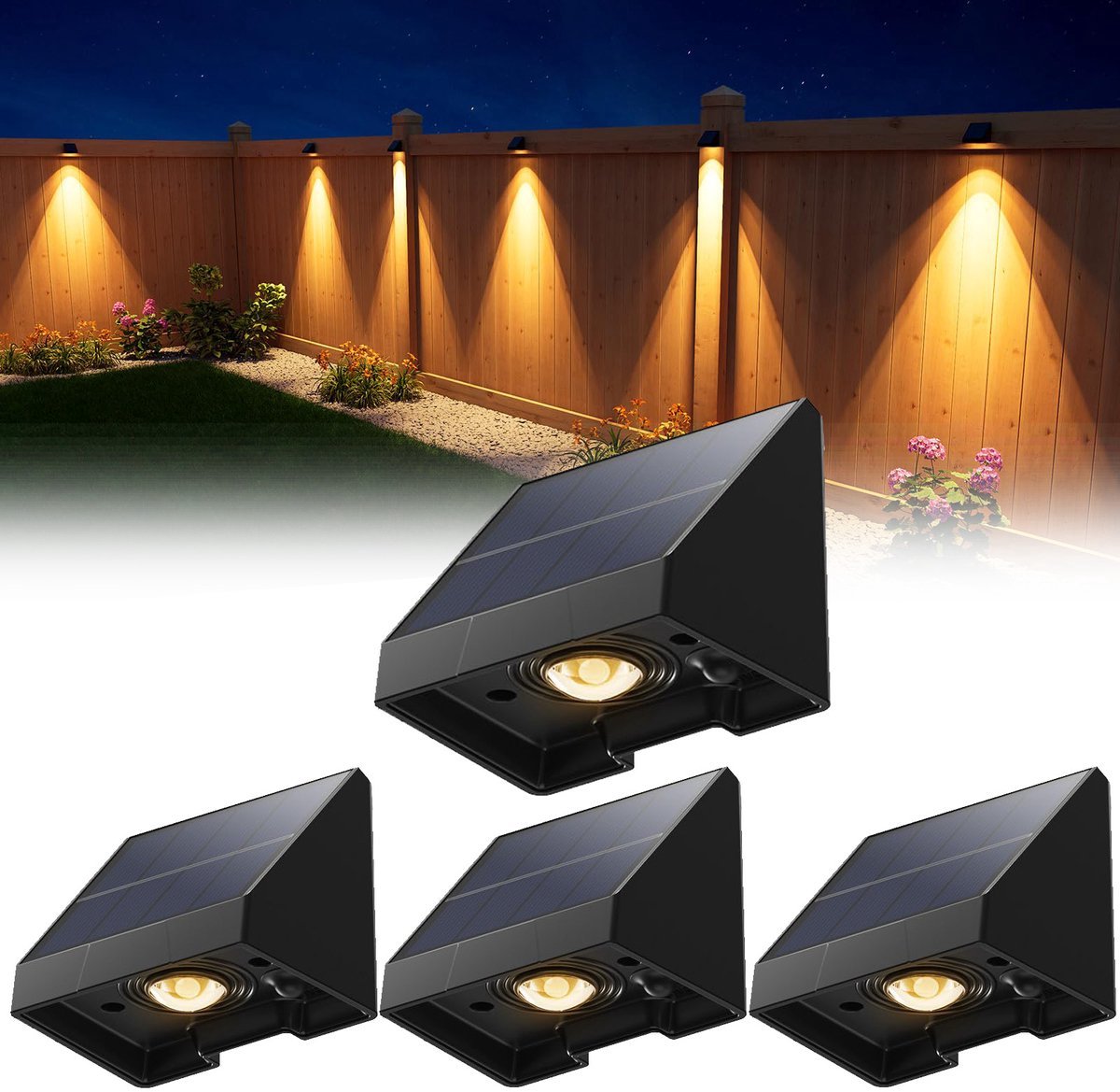 4-Pack Decoratieve Solar Lampen Voor Schutting – Waterdichte Led Buitenverlichting Op Zonne-Energie Met Warm Wit Licht – Voor Muur, Terras, Tuin, Hek, Garage, Zwembad – Eenvoudige Installatie - 6.6x5.8x5.1cm