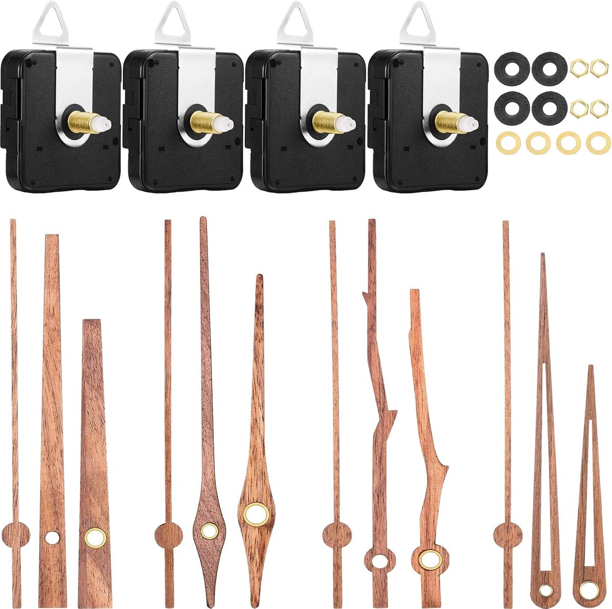 4 stuks kwartsuurwerken met 4 soorten wijzers van walnotenhout; accessoires voor het vervangen en repareren van klokken (geschikt voor klokken van 12 inch)