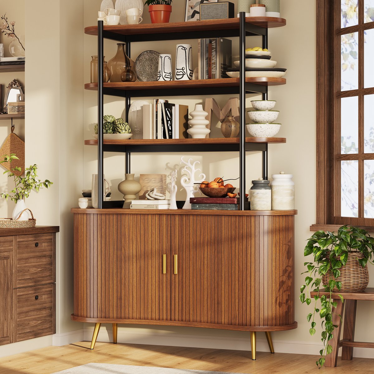 Clruro Sideboard - 120x40x183 cm - met Roldeuren en 4 Open Planken - Opbergkast - MDF/Metaal - Donkergroen