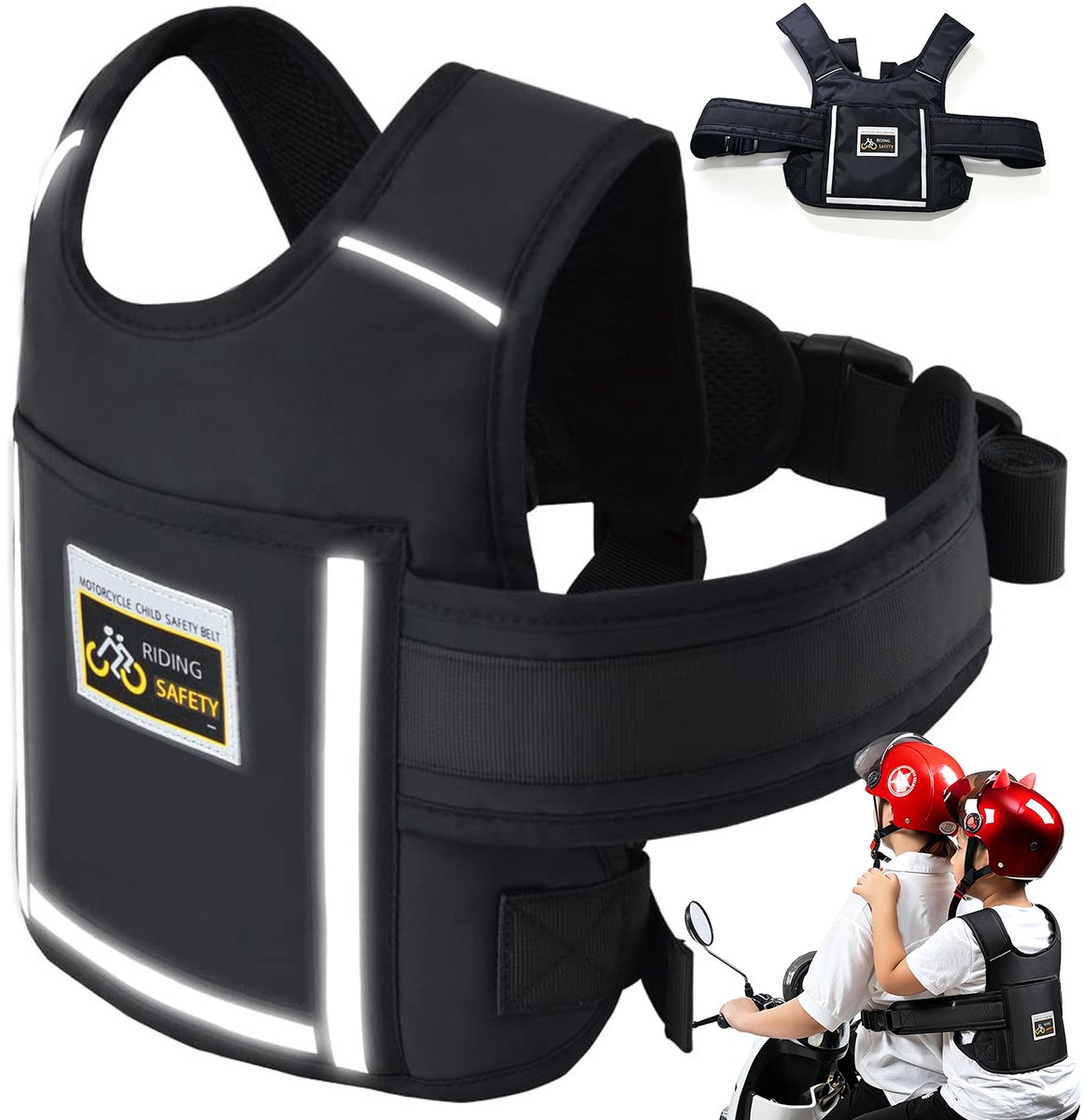 Autogordel Voor E-bike - Kinderveiligheidsgordel - Veiligheidsharnas - Valbestendig - Reflecterende Strips - Anti-losraak Gesp - Verstelbaar 73-95 cm - Kinderen van 2 tot 15 Jaar - Voor Elektrische Scooter & Fiets & Motor - Zwart