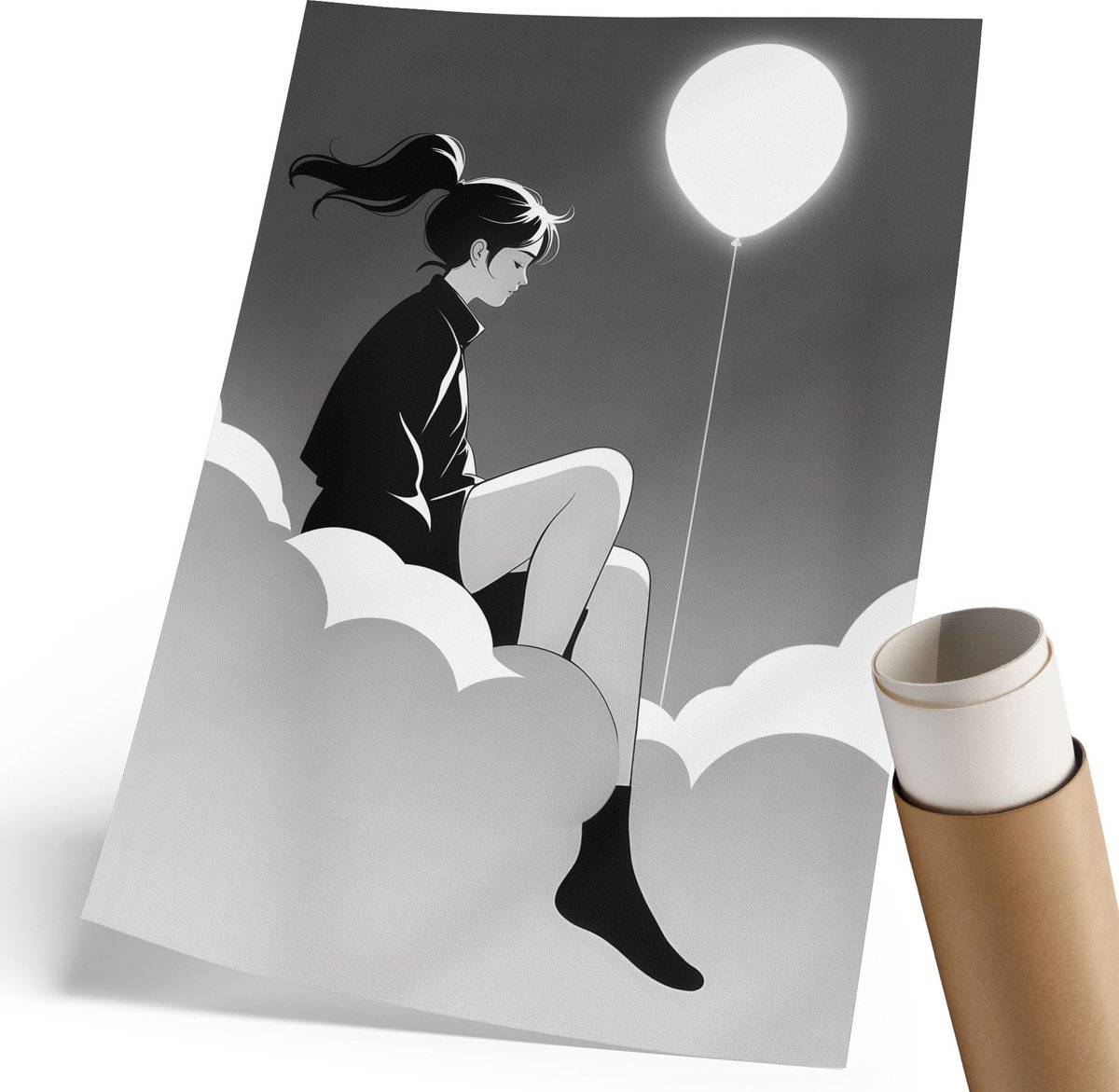 Coloray Polycanvas Poster - Meisje En Ballon, Illustratie - 210 x 297 mm - Wit Design - Rechthoek - Kunstposter - Woonkamer, Slaapkamer, Kantoor - Romantisch