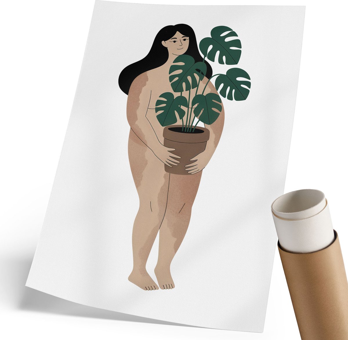 Coloray Canvas Poster Polycanvas - Vrouw Met Een Plant, Illustratie - 210 x 297 mm - Bruin Poster - Rechthoek - Decoratieve poster - Woonkamer, Slaapkamer, Kantoor - Rustiek