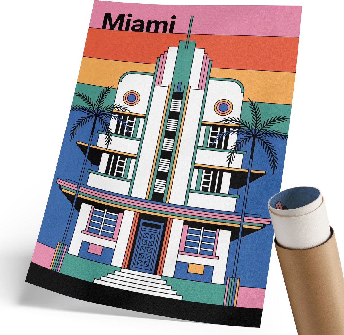 Coloray Polycanvas Wandposter - Art Deco Miami, Poster - 210 x 297 mm - Blauw Wandposter - Rechthoek - Muurkunst - Woonkamer, Slaapkamer, Kantoor - Popcultuur