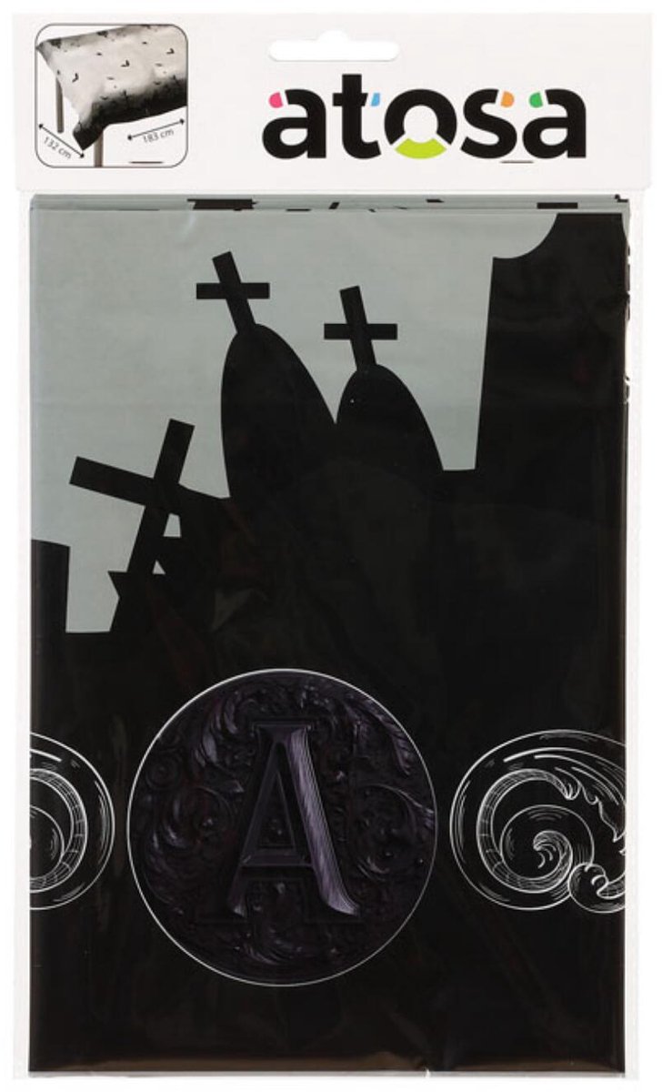 Atosa Halloween party tafelkleed - tafellaken - zwart/grijs mix - 137 x 182 cm - folie - Rechthoek - tafeldecoratie - feestversiering
