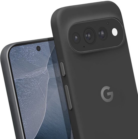 Donkergrijs Google Pixel hoesje met een G-logo en driedubbele camera.