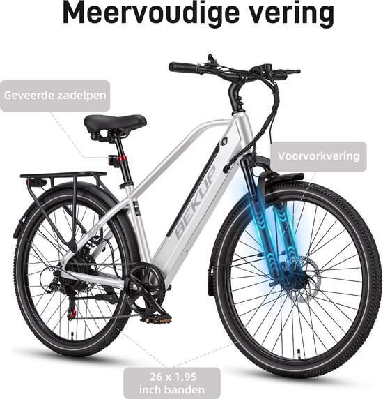 Bekup V2 Elektrische stadsfiets 26 inch - Hoge instap frame - Krachtige 250W achterwielmotor - 45Nm ondersteuning - Lange afstand accu - Shimano 7-speed - LCD-display - Comfortabel dagelijks gebruik - Zilverwit — afbeelding 5