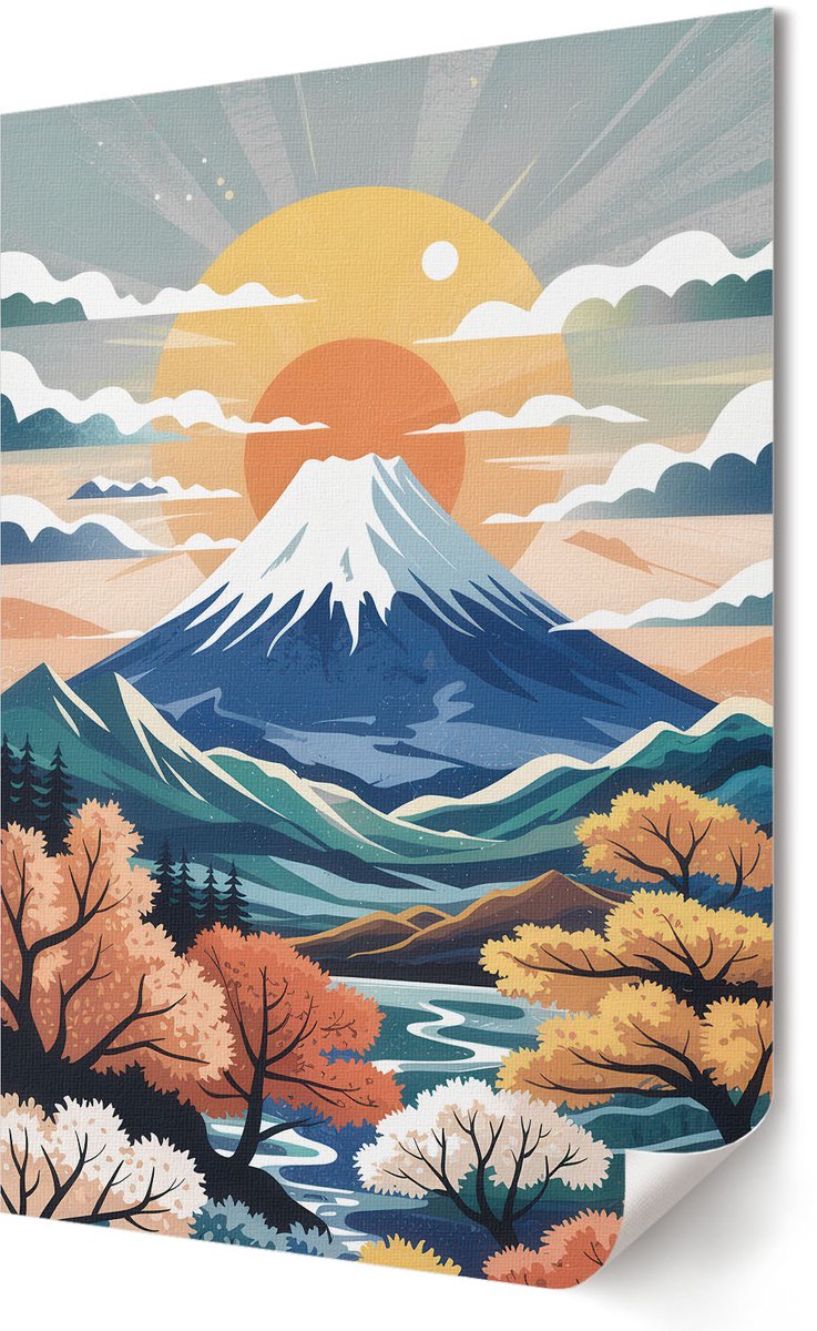 Coloray Polycanvas Wandposter - Berglandschap, Illustratie - 420 x 594 - Blauw Decoratie - Rechthoek - Muurkunst - Woonkamer, Slaapkamer, Kantoor - Japanse