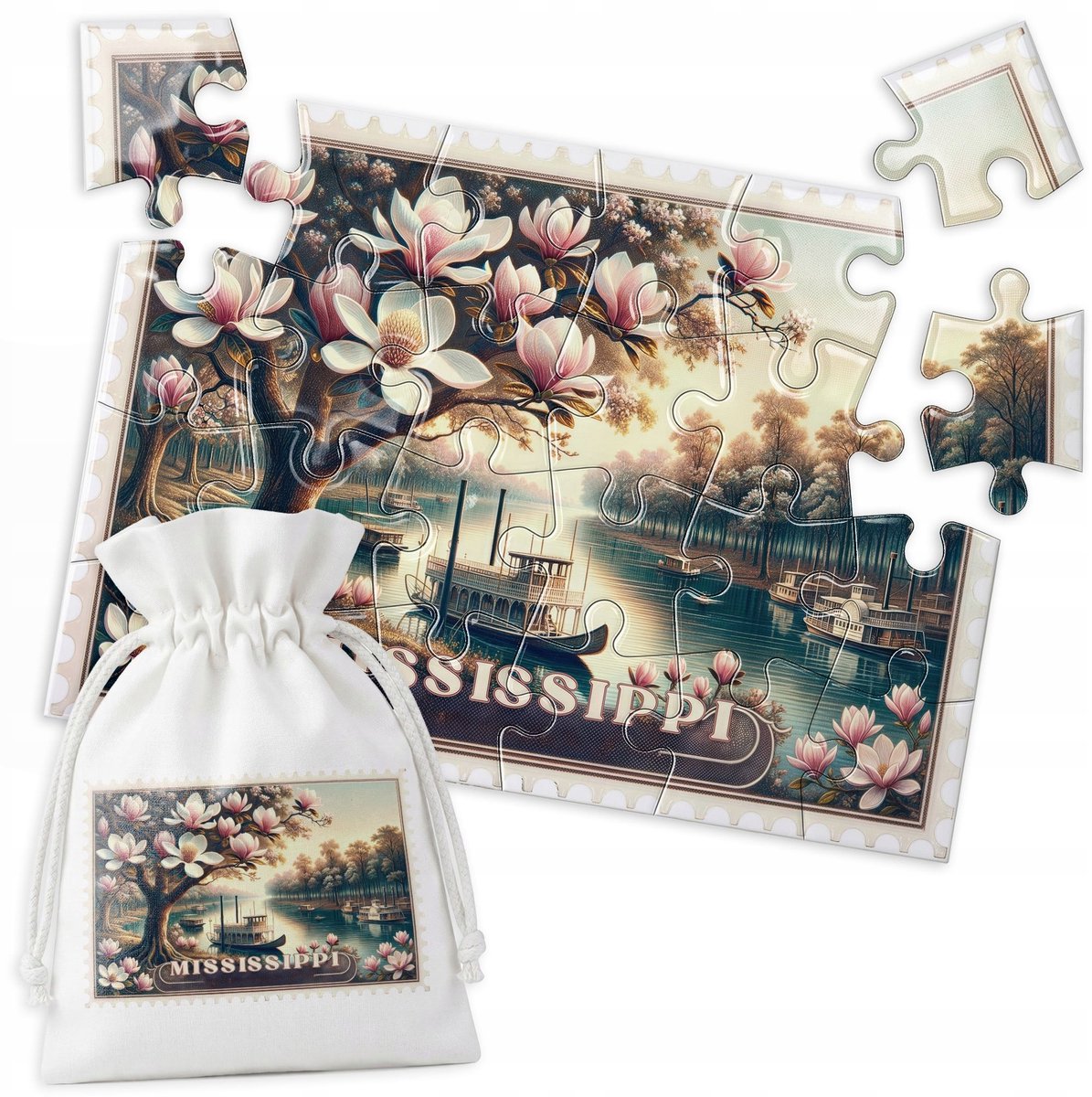 24-delige Puzzel: Mississippi Rivier, Bloemen, USA Postzegel