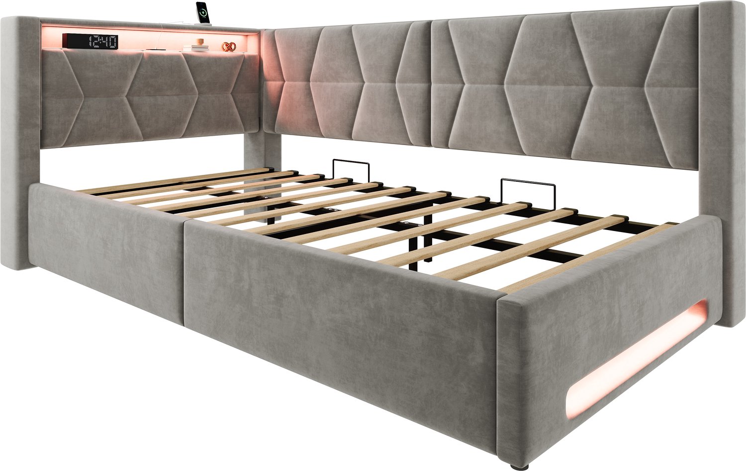 MUVANO Gestoffeerd bed 90x200 cm - Met opbergruimte - Fluwelen bekleding - Ledverlichting en USB-C - Opklapbare lattenbodem - Voor de slaapkamer donkergrijs