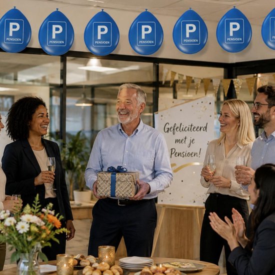 Man viert pensioen op kantoor met collega's, blauwe 'P Pensioen' ballonnen en een felicitatiebord.