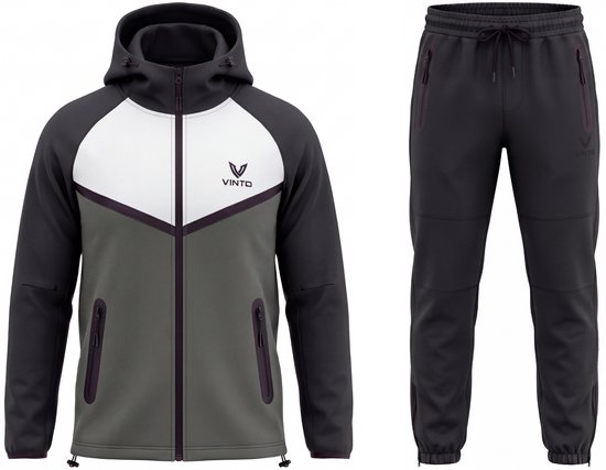 Vinto trainingspak: jack met capuchon en joggingbroek in olijfgroen, wit en zwart met logodetail.