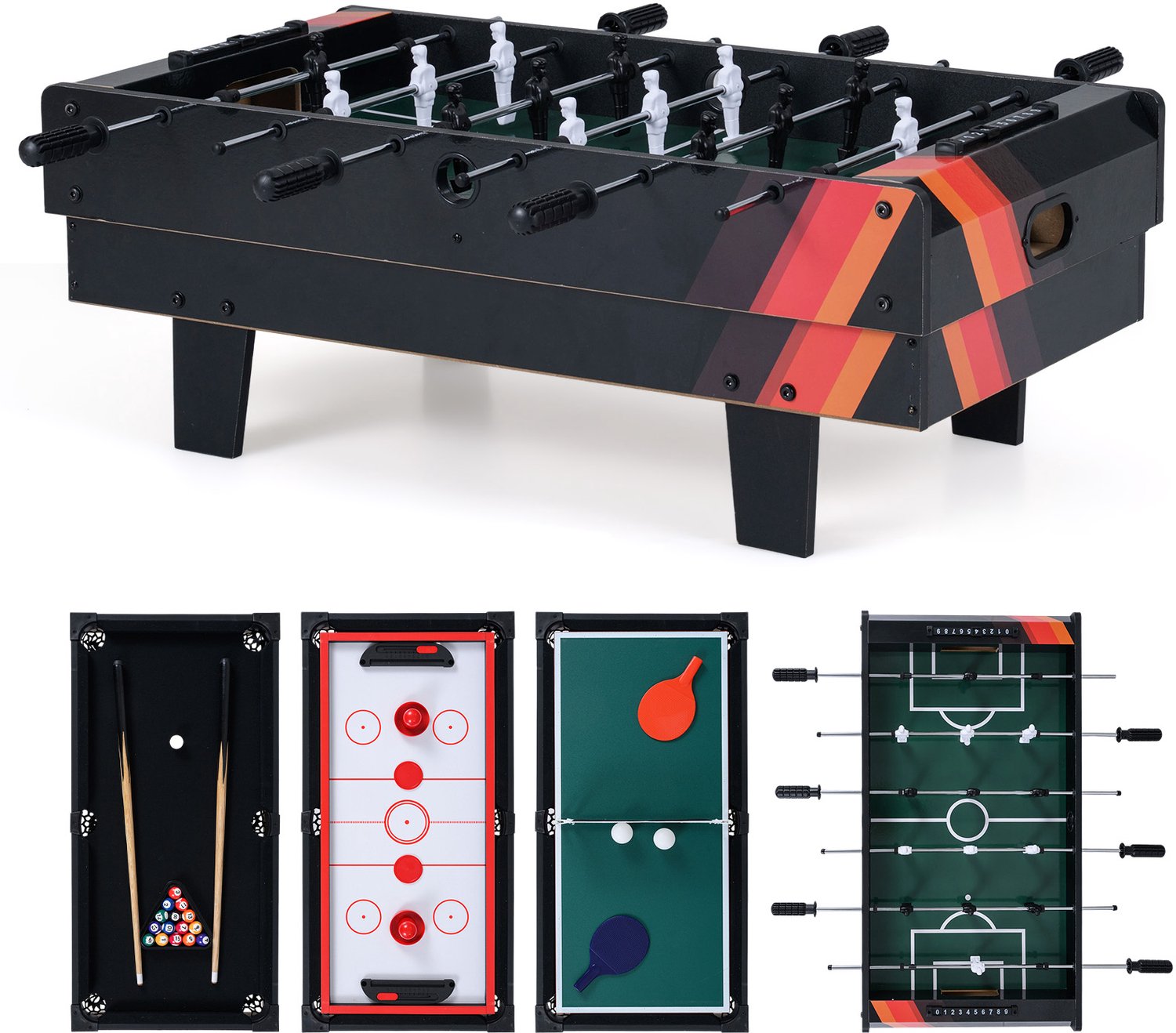 COSTWAY 4-in-1 speeltafel, tafelvoetbaltafel, biljart, airhockey, tafeltennis, multifunctionele tafel van hout, tafelvoetbal voor speelkamer, bars, voor kinderen en volwassenen