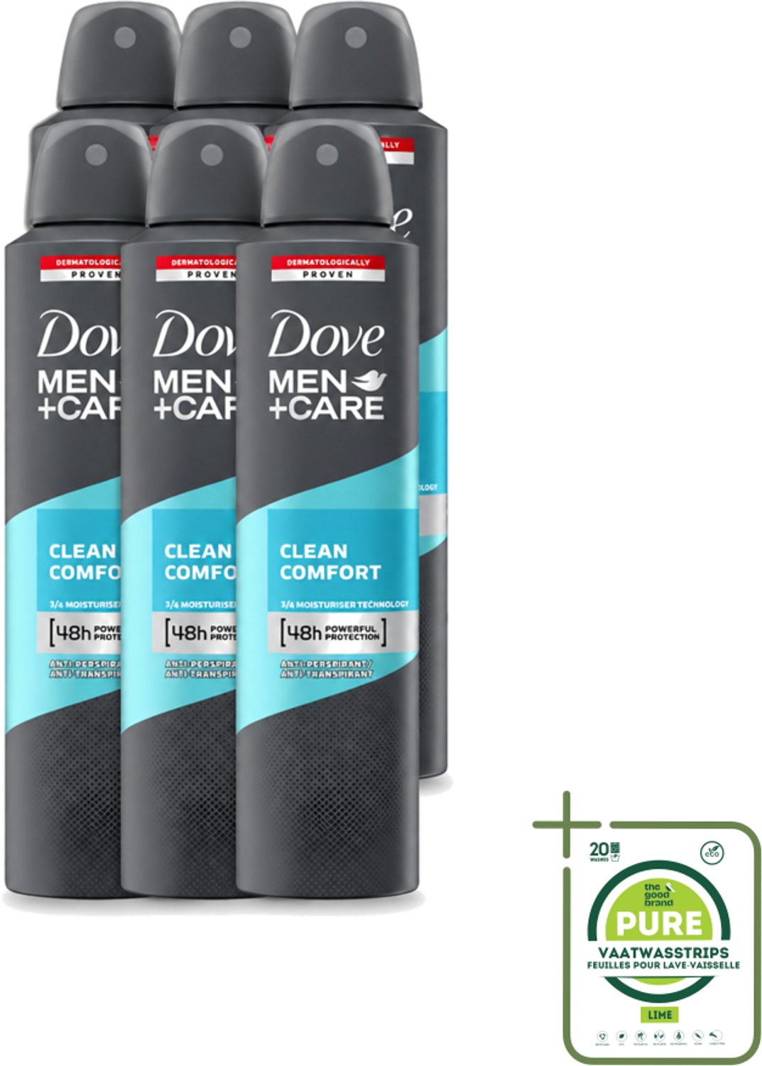 6 x Dove - Deodorant - Men Care Clean Comfort - Comfort en verzorging - 48 uur bescherming - 250 ml - Grootverpakking - Vaatwasstrips - Deodorant Voor Mannen - 48 Uur Bescherming - Zweet En Geur - Huidverzorging - Comfort