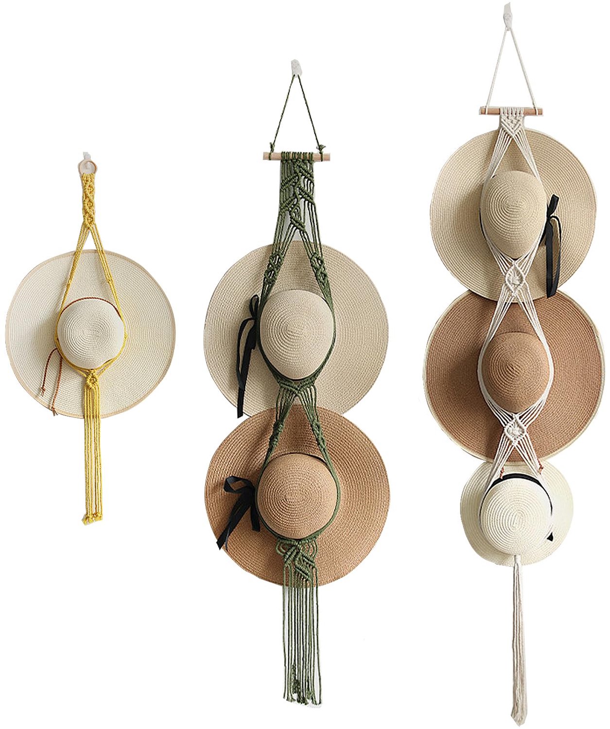 3 Macramé-Hoedhaken - Boheemse Wandhoedhouder voor Organisatie en Decoratie