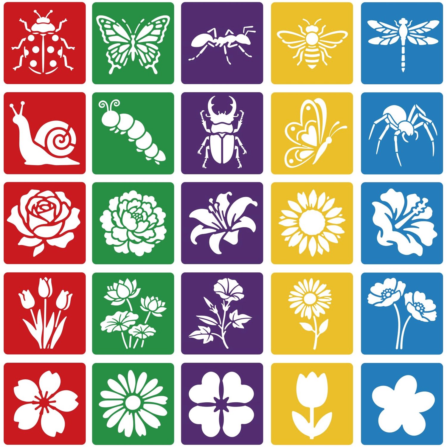 Stencilset voor Schilderen - 25-delige Herbruikbare Sjablonen met Bloemen en Insecten Thema - 20cm