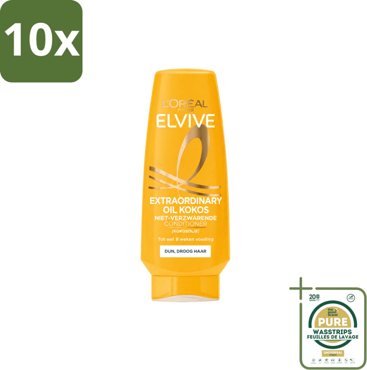10 x L’Oréal Paris Elvive – Conditioner – Extraordinary Oil Kokos – 200 ml - Wasstrips - Conditioner Voor Droog Haar - Kokosolie Conditioner - Voeding Haar - Zachtheid Haar - Glans Haar