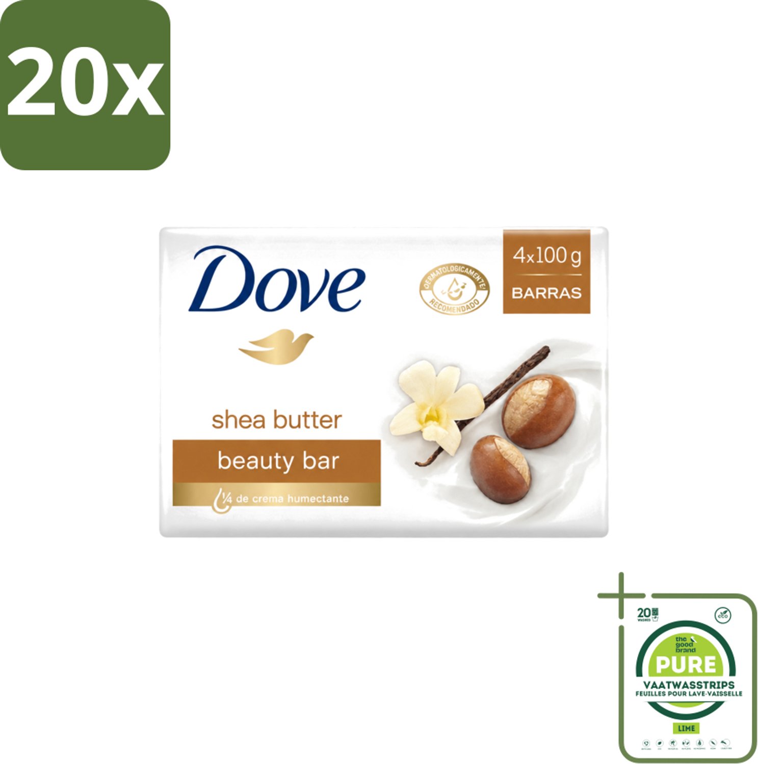 20 x Dove – Zeep – Sheabutter – 4 x 100 g - Grootverpakking - Vaatwasstrips - Zeep Sheabutter - Huid Verzorging - Zachte Huid - Droge Huid - Mild Reinigen