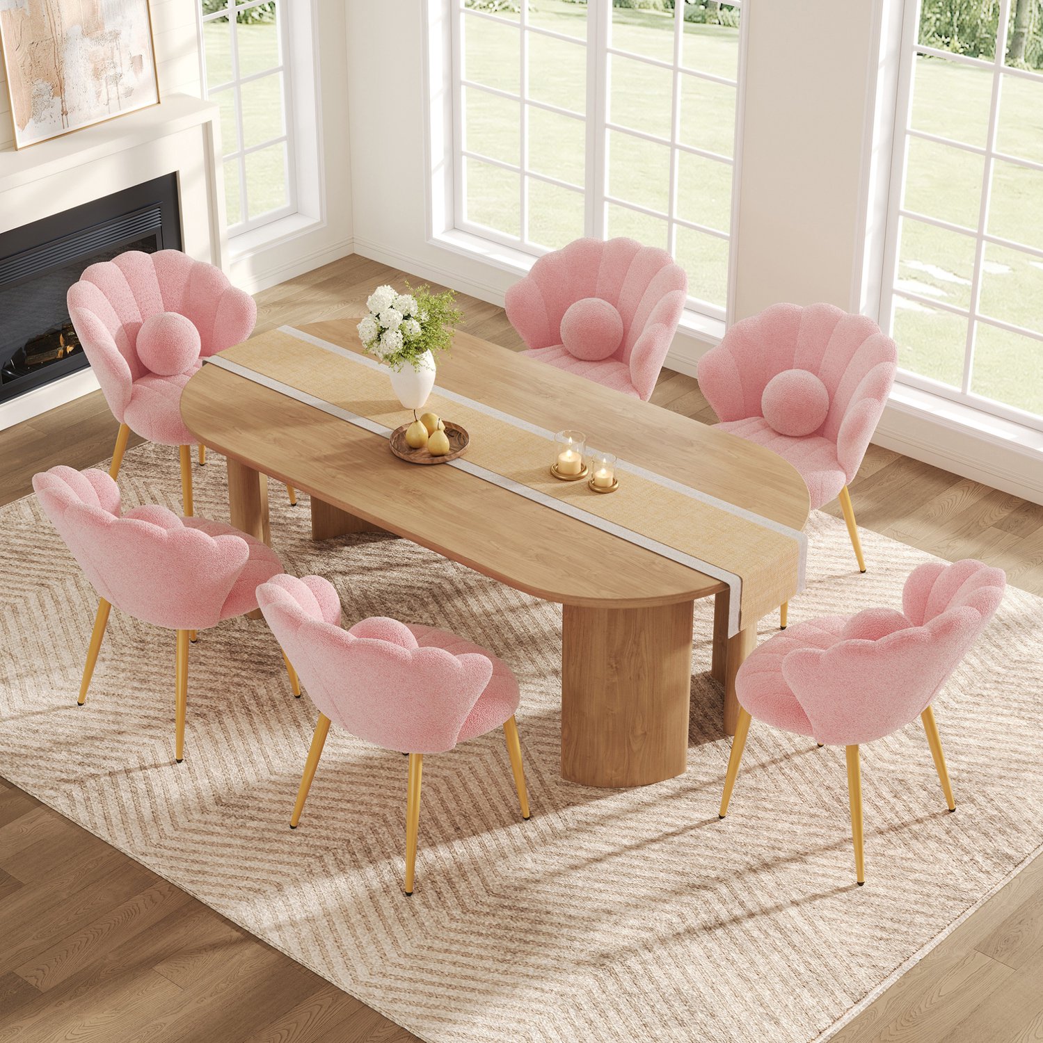 HAUSS SPOLE Eetkamerstoelen - Set van 6 - Kuipstoelen met Schelpvormige Rugleuning en Sierkussens - Voor Eetkamer en Slaapkamer - Teddystof - Roze