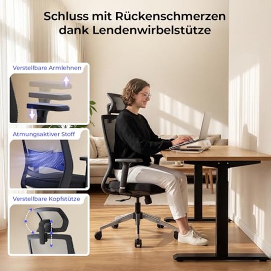 Ergonomische Bureaustoel - Hoogte verstelbaar met mesh rugleuning en verstelbare hoofdsteun — afbeelding 4