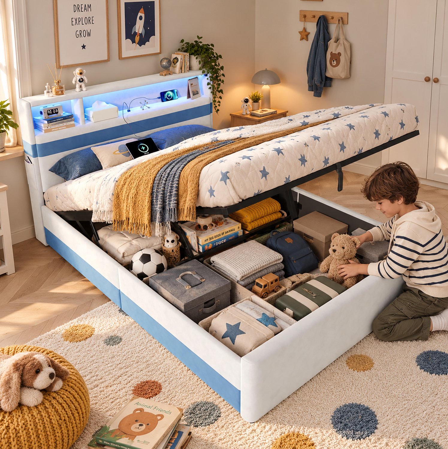 HAUSS SPOLE Gestoffeerd Bed 140x200 cm - Hydraulische Opbergruimte - Hoofdbord met Verlichting en USB voor Slaapkamers - Fluweel - Zonder Matras - Wit en Blauw