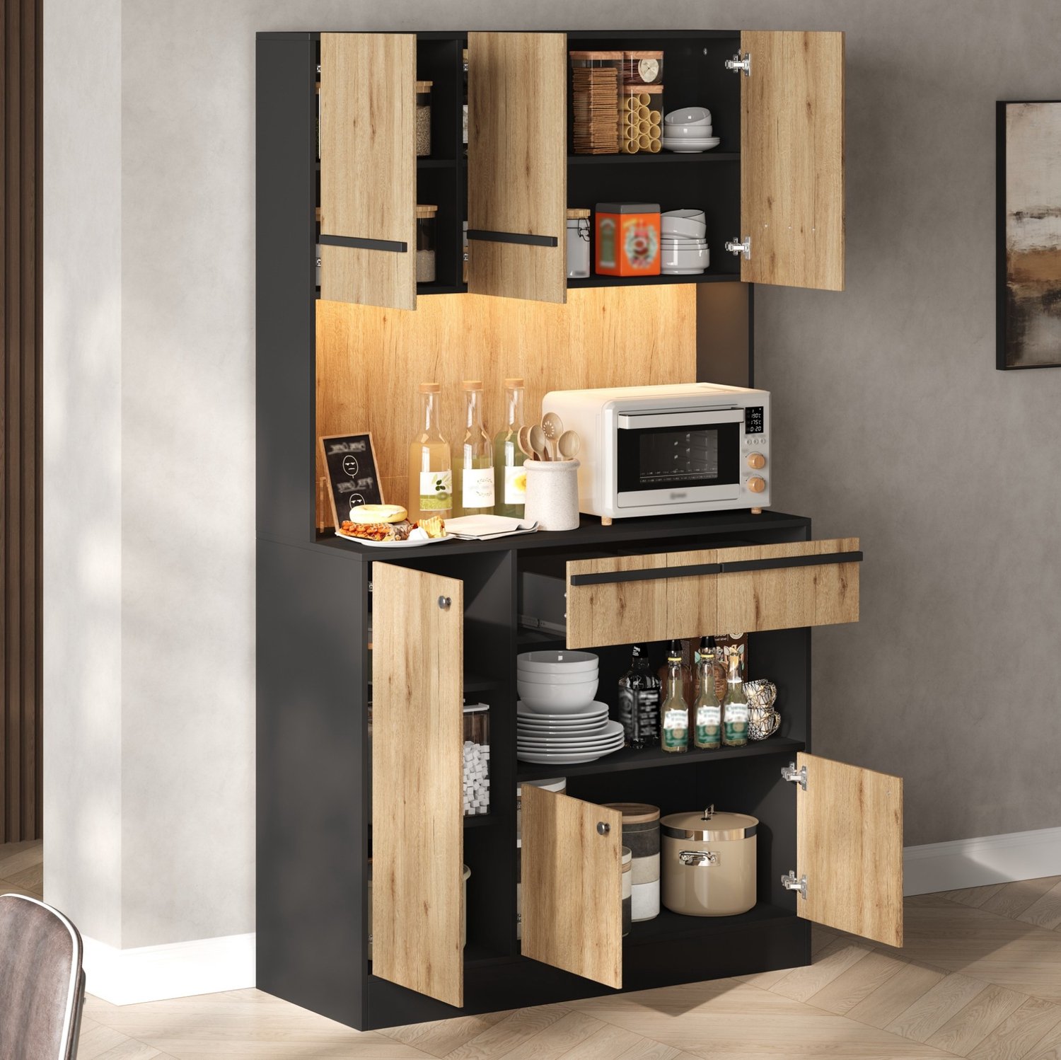 HAUSS SPOLE Hoge Keukenkast - 2 Lades, Verstelbare Legplanken En Ledverlichting - Voor Keuken En Eetkamer - Mdf - Naturel En Zwart - 100x40x180 Cm Naturel, zwart
