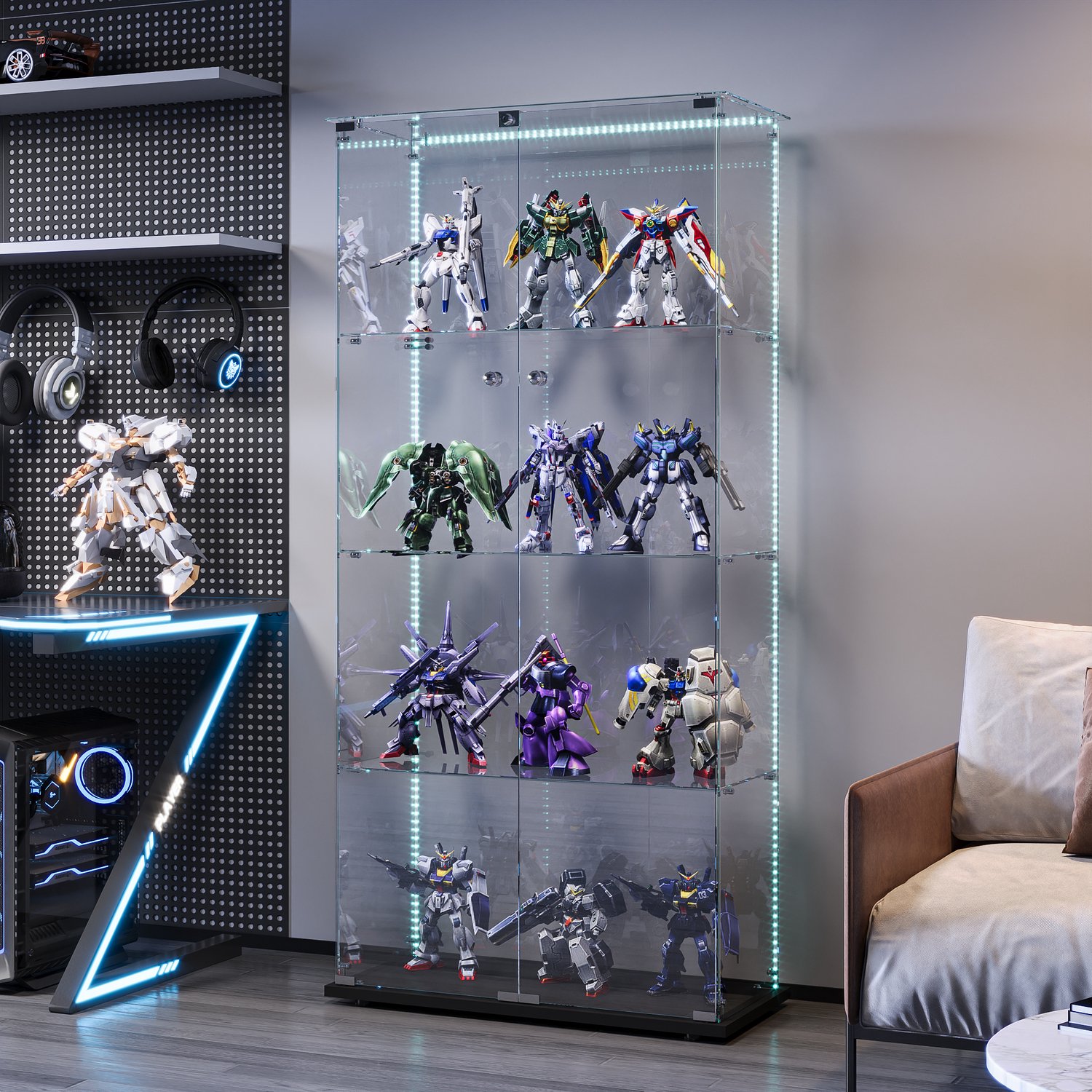 ROSAHQNDA Vitrinekast 80,6x36,5x163 cm, dubbele deuren en 4 opbergniveaus, displaykast met LED-verlichting, boekenkast en opbergkast voor woonkamer, zwart