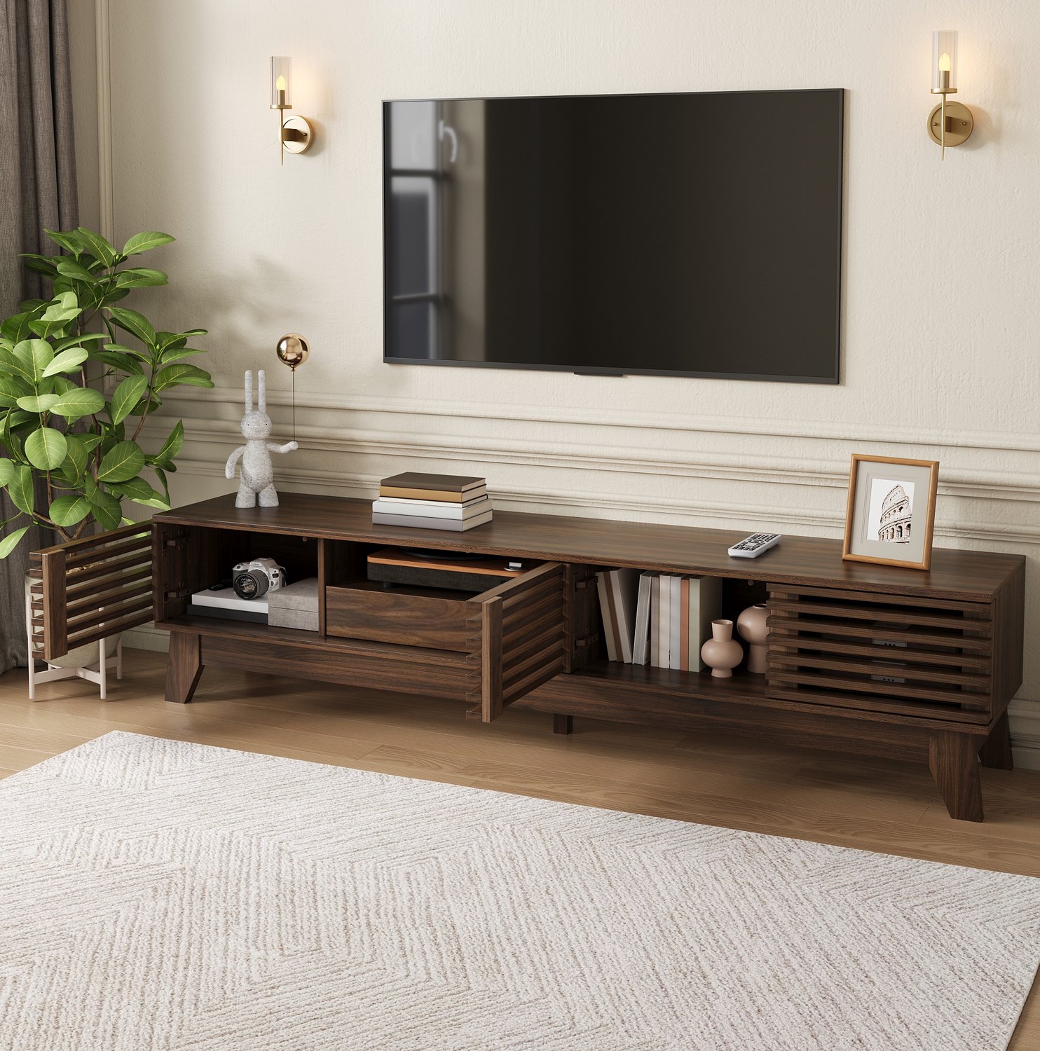 HAUSS SPOLE Tv-meubel - Geribbelde Fronten Met 3 Deuren En Lade - Open Vakken Voor de Woonkamer - Mdf - Walnootkleur - 170x35x40 Cm