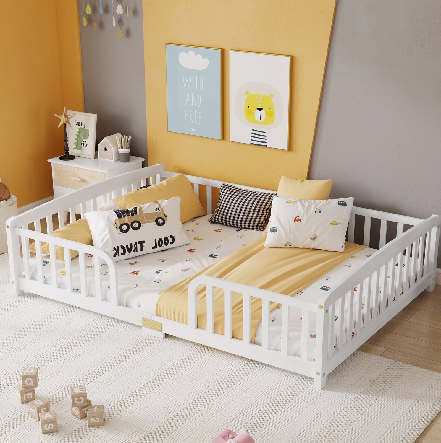 MEUNIQ kinderbed vloerbed 140 x 200 cm met rondom geplaatste veiligheidshekken en centrale instap, laag bedframe van grenen en multiplex voor de kinderkamer, wit
